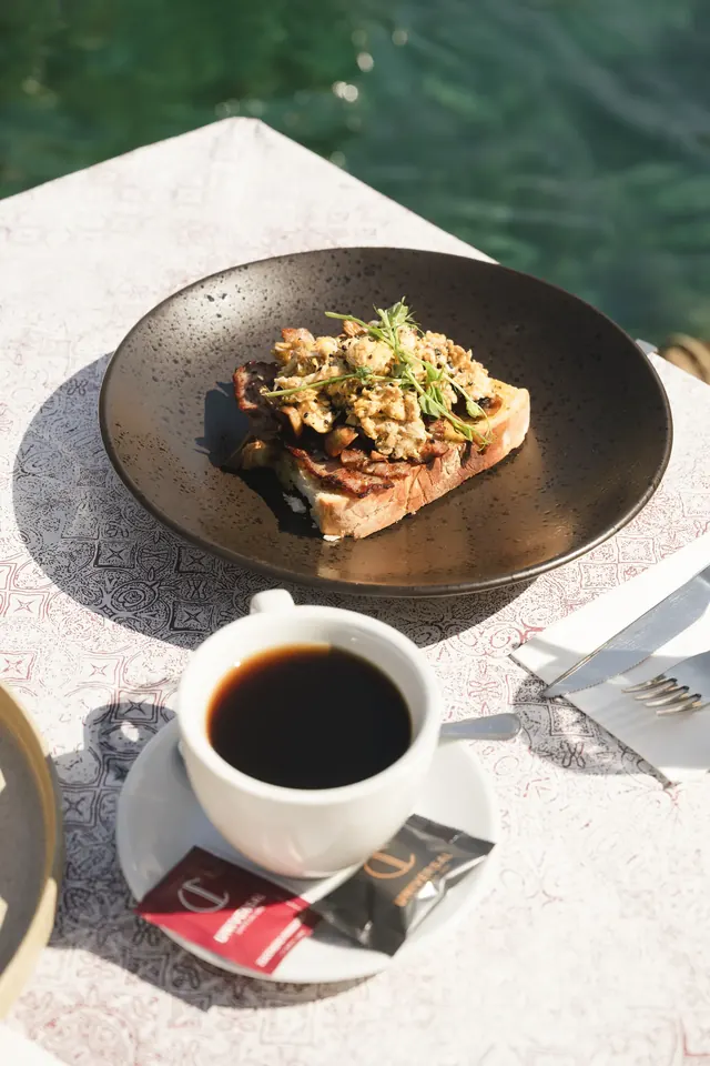 Brunch toast and coffee beside the sea